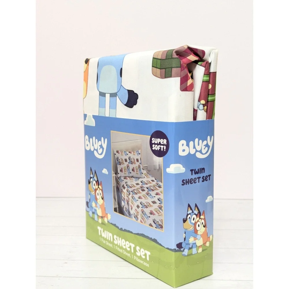 BLUEY BINGO Holiday Gift Print Twin Bed Sheet Set: Flat, Fitted, Pillow Case NEW